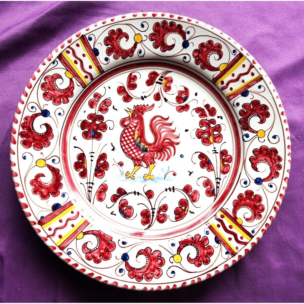 Vintage PV Deruta Italy Singing Red ROOSTER Peasant Valley Salad Plate 8"